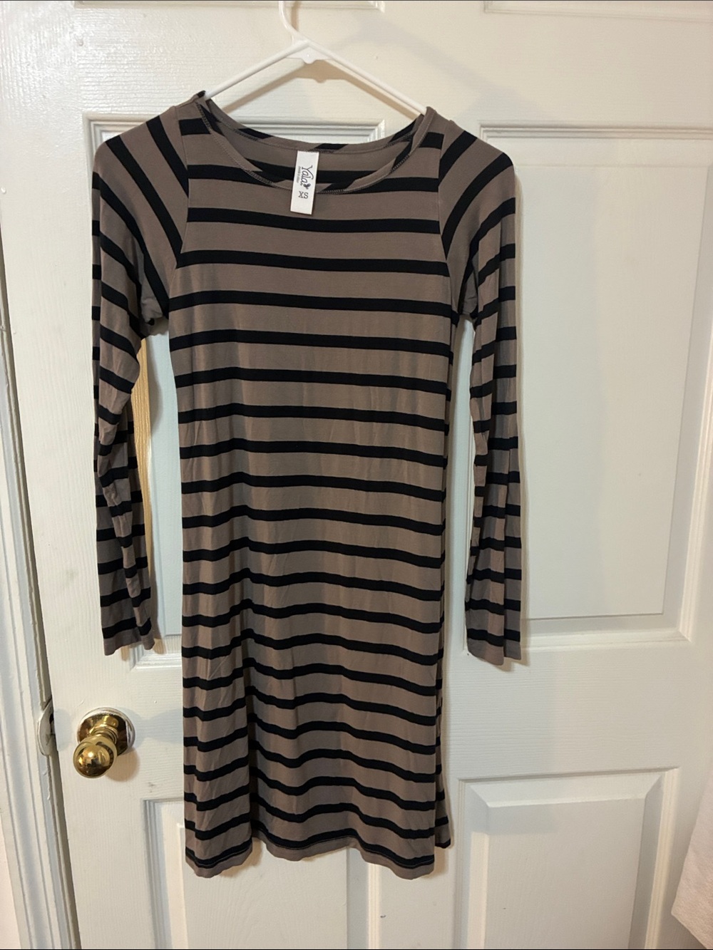 95% Bamboo Striped Long Sleeve Tee Dress - Black & Taupe